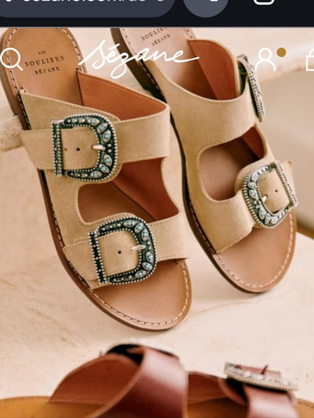 Sezane Jade Low Mules Tan Suede Slide Sandals with Silver Turquoise Buckles - 37 - Picture 13 of 13